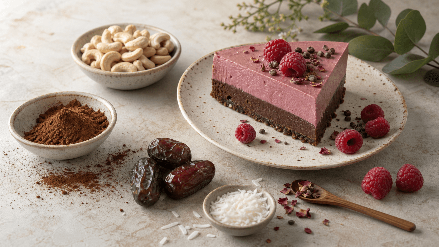 Felie de tort raw vegan cu zmeură, cacao, curmale, caju și cocos pe blat crem