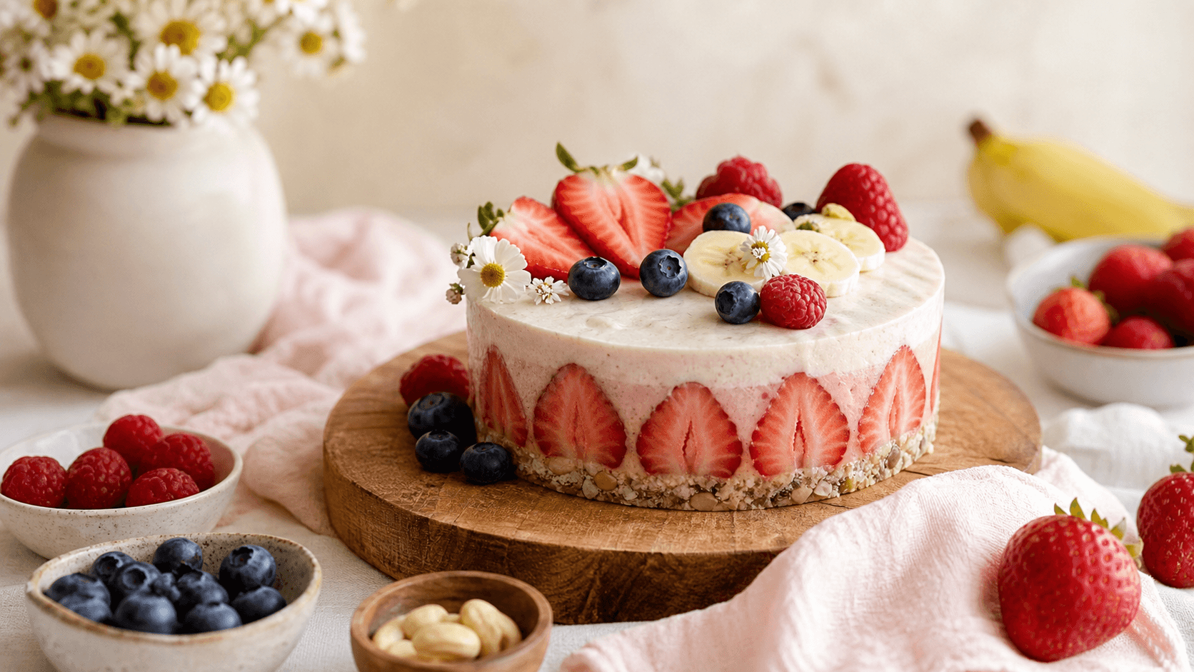 Tort raw vegan cu fructe proaspete, banane și fructe de pădure pe masă luminoasă